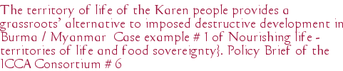 The territory of life of the Karen people provides a grassroots' alternative to imposed destructive development in Burma / Myanmar Case example # 1 of Nourishing life - territories of life and food sovereignty}. Policy Brief of the ICCA Consortium # 6